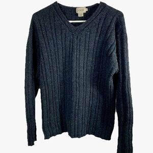 J Crew Sweater Wool Women XL V-Neck‎ Preppy Academia Charcoal Gray Fisherman EUC